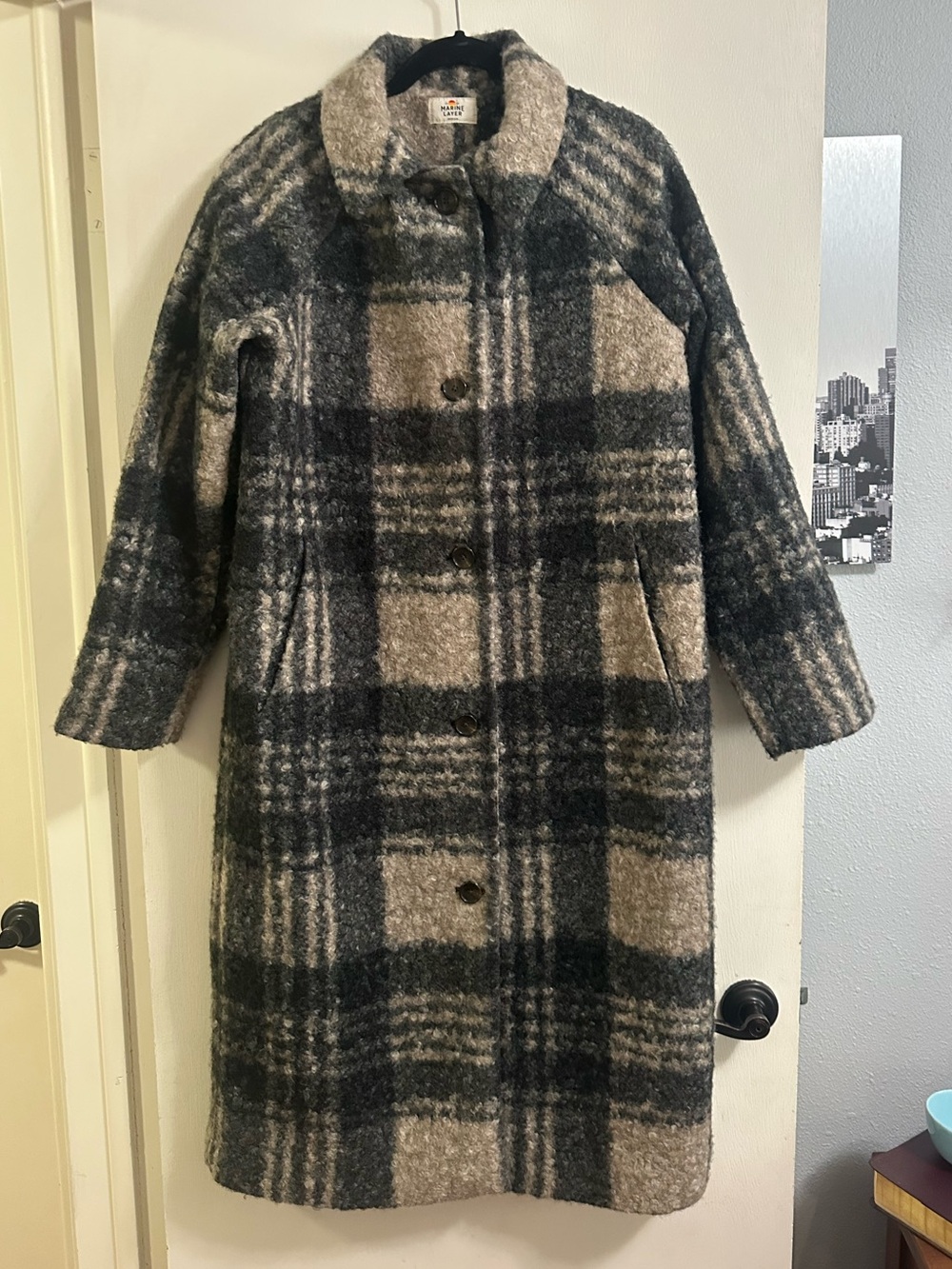Marine Layer Plaid Longline Aspen Coat in Black & Tan - Picture 2 of 7